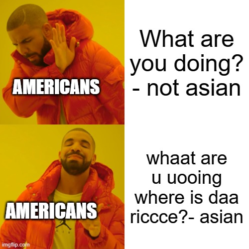 loooooool | What are you doing? - not asian; AMERICANS; whaat are u uooing where is daa riccce?- asian; AMERICANS | image tagged in memes,drake hotline bling | made w/ Imgflip meme maker