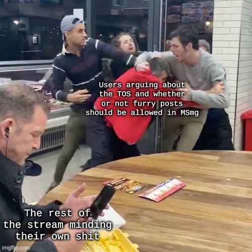 Users arguing about the TOS and whether or not furry posts should be allowed in MSmg; The rest of the stream minding their own shit | made w/ Imgflip meme maker