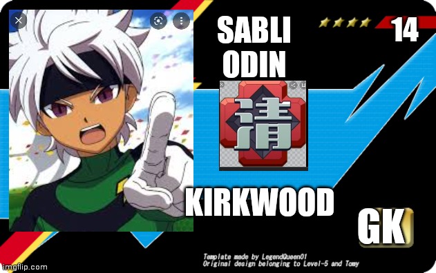 Inazuma eleven license  maker | SABLI
           ODIN; 14; KIRKWOOD; GK | image tagged in inazuma eleven license maker | made w/ Imgflip meme maker