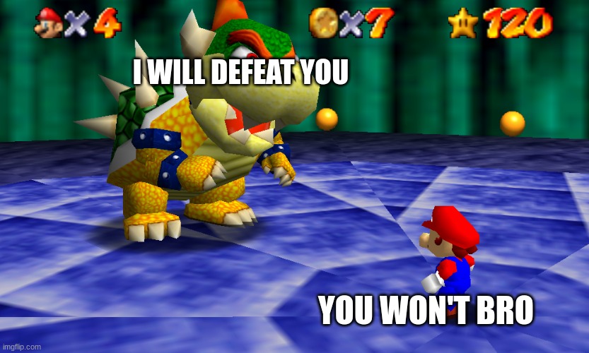 Mario vs Bowser | I WILL DEFEAT YOU; YOU WON'T BRO | image tagged in memes,super mario 64,bowser fight | made w/ Imgflip meme maker