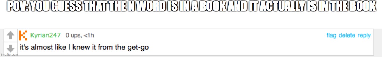 kyrian247 "it's almost like I knew it from the get-go" | POV: YOU GUESS THAT THE N WORD IS IN A BOOK AND IT ACTUALLY IS IN THE BOOK | image tagged in kyrian247 it's almost like i knew it from the get-go | made w/ Imgflip meme maker