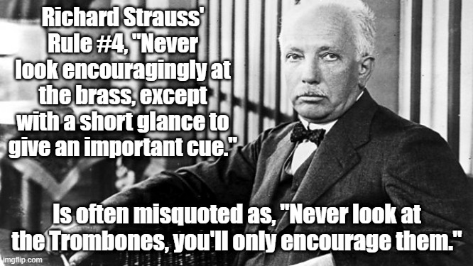 Richard Strauss Rule #4 | Richard Strauss' Rule #4, "Never look encouragingly at the brass, except with a short glance to give an important cue."; Is often misquoted as, "Never look at the Trombones, you'll only encourage them." | image tagged in trombones,brass,do not encourage them,music | made w/ Imgflip meme maker