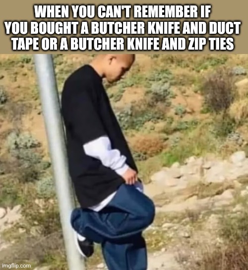 WHEN YOU CAN'T REMEMBER IF YOU BOUGHT A BUTCHER KNIFE AND DUCT TAPE OR A BUTCHER KNIFE AND ZIP TIES | image tagged in funny memes | made w/ Imgflip meme maker