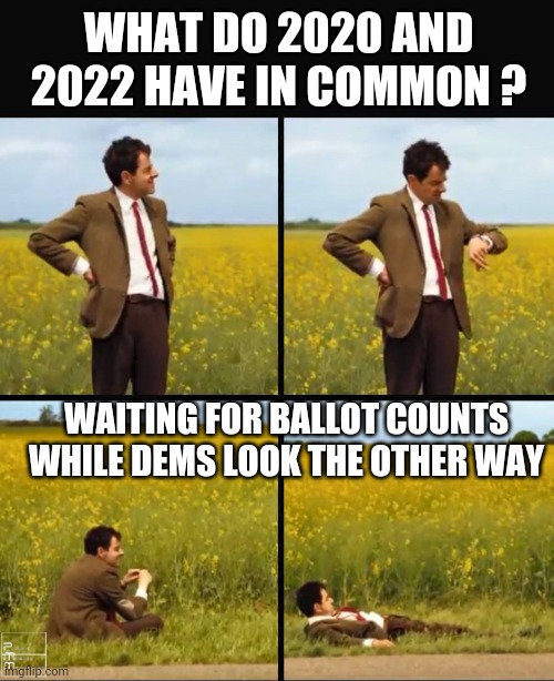 Not Again... | WHAT DO 2020 AND 2022 HAVE IN COMMON ? WAITING FOR BALLOT COUNTS WHILE DEMS LOOK THE OTHER WAY | image tagged in mr bean waiting,democrats,midterms,liberals,leftists,congress | made w/ Imgflip meme maker