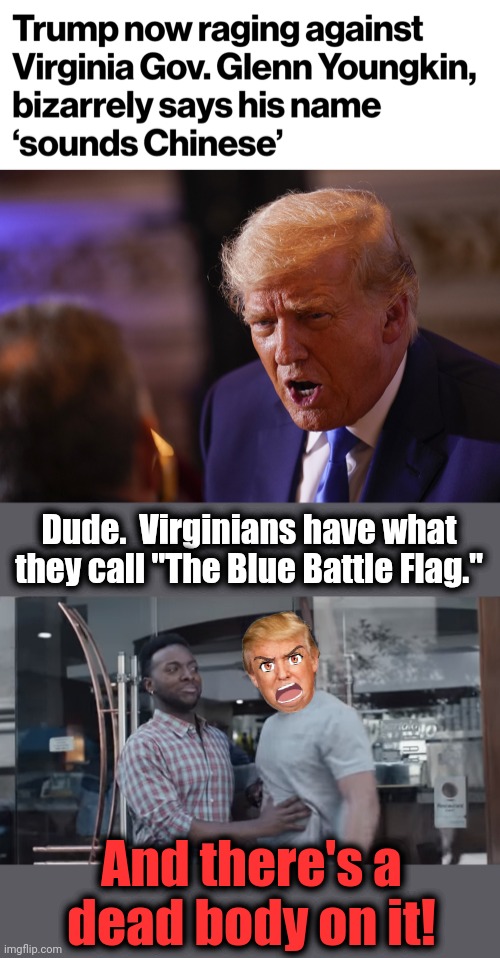 Calm yourself, old man.  And have a think before your next rant. | Dude.  Virginians have what they call "The Blue Battle Flag."; And there's a
dead body on it! | image tagged in memes,donald trump,glenn youngkin,black guy stopping,virginia | made w/ Imgflip meme maker