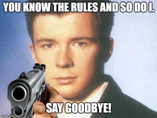 You know the rules and so do I. SAY GOODBYE. | YOU KNOW THE RULES AND SO DO I. SAY GOODBYE! | image tagged in you know the rules and so do i say goodbye | made w/ Imgflip meme maker