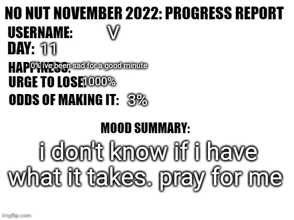 No Nut November 2022: Progress Report | V; 11; 0% ive been sad for a good minute; 1000%; 3%; i don't know if i have what it takes. pray for me | image tagged in no nut november 2022 progress report | made w/ Imgflip meme maker
