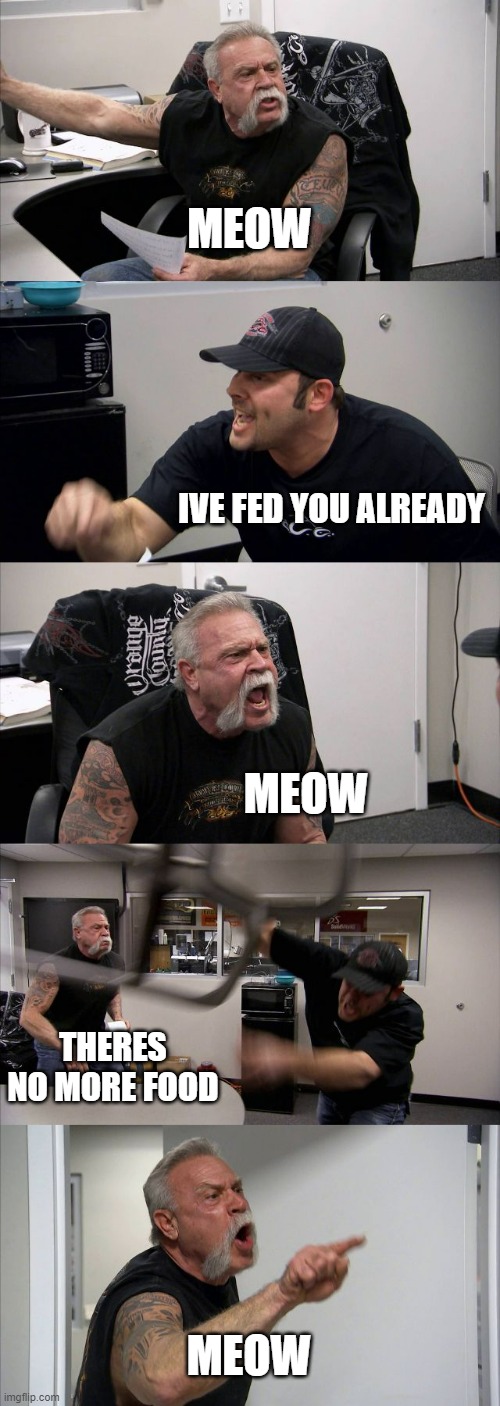 American Chopper Argument | MEOW; IVE FED YOU ALREADY; MEOW; THERES NO MORE FOOD; MEOW | image tagged in memes,american chopper argument | made w/ Imgflip meme maker