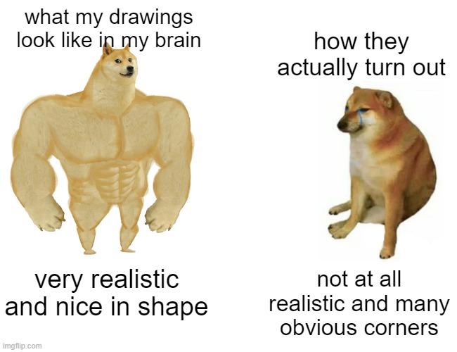 i blame my hand | what my drawings look like in my brain; how they actually turn out; very realistic and nice in shape; not at all realistic and many obvious corners | image tagged in memes,buff doge vs cheems | made w/ Imgflip meme maker