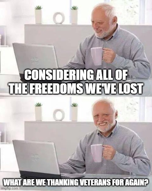 freedom? | CONSIDERING ALL OF THE FREEDOMS WE'VE LOST; WHAT ARE WE THANKING VETERANS FOR AGAIN? | image tagged in memes,hide the pain harold | made w/ Imgflip meme maker