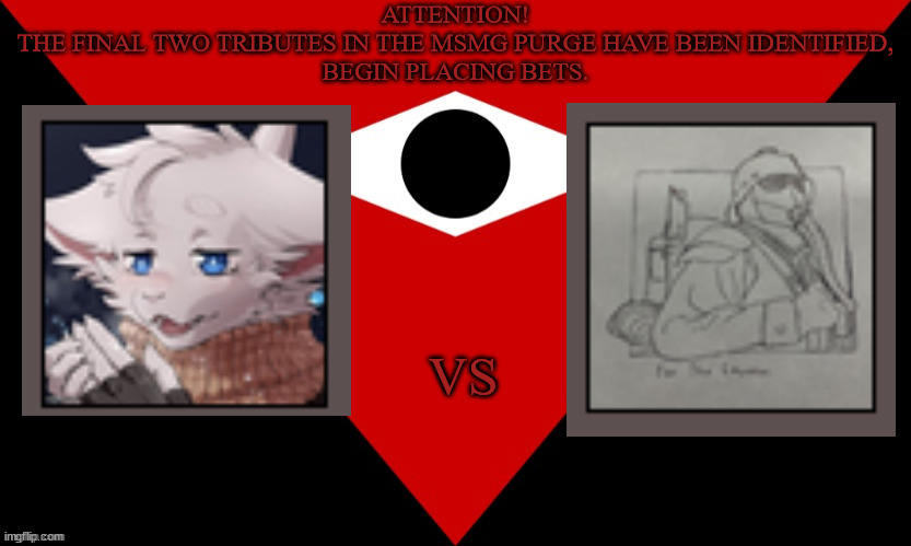 PLACE YOUR BETS | ATTENTION!
THE FINAL TWO TRIBUTES IN THE MSMG PURGE HAVE BEEN IDENTIFIED,
BEGIN PLACING BETS. VS | image tagged in imgsoc flag | made w/ Imgflip meme maker