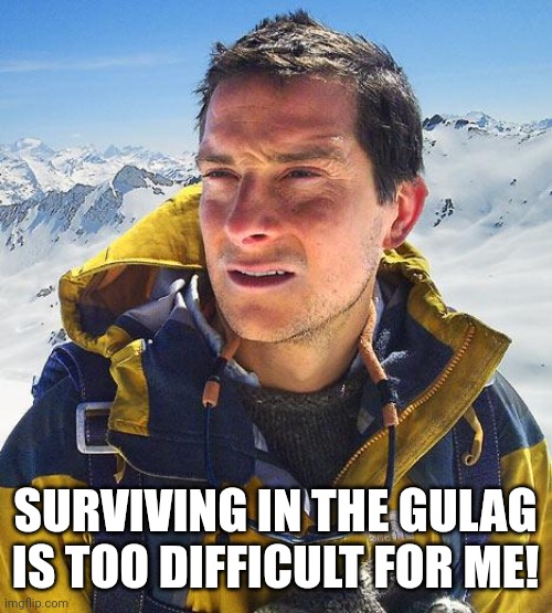 Bear Grylls gulag |  SURVIVING IN THE GULAG IS TOO DIFFICULT FOR ME! | image tagged in memes,bear grylls,gulag,survival | made w/ Imgflip meme maker