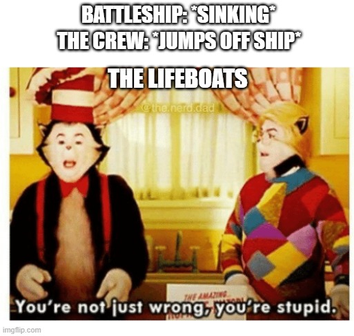 But why? They are there for a reason.... | BATTLESHIP: *SINKING*; THE CREW: *JUMPS OFF SHIP*; THE LIFEBOATS | image tagged in you're not just wrong your stupid,battleship,lifeboats | made w/ Imgflip meme maker