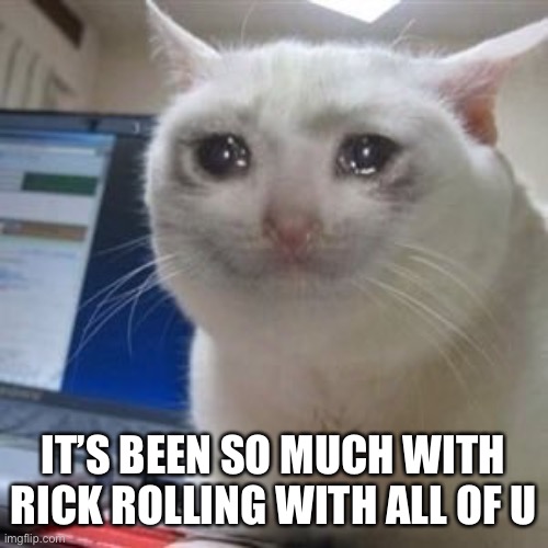 Sad cat tears | IT’S BEEN SO MUCH WITH RICK ROLLING WITH ALL OF U | image tagged in sad cat tears | made w/ Imgflip meme maker