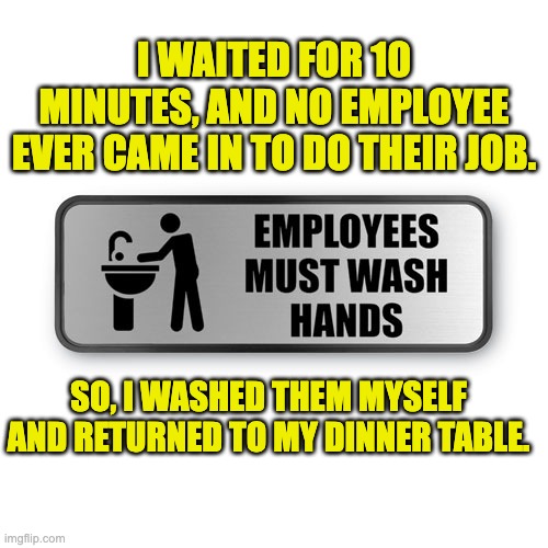 Employees | I WAITED FOR 10 MINUTES, AND NO EMPLOYEE EVER CAME IN TO DO THEIR JOB. SO, I WASHED THEM MYSELF AND RETURNED TO MY DINNER TABLE. | image tagged in bad pun | made w/ Imgflip meme maker