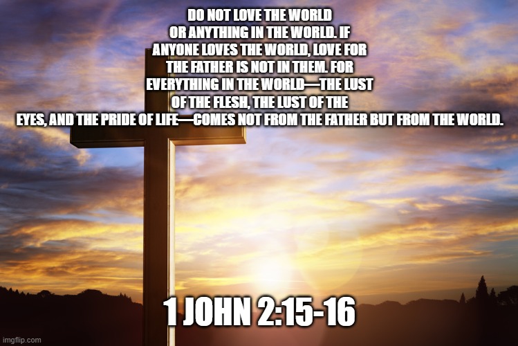 Bible Verse of the Day | DO NOT LOVE THE WORLD OR ANYTHING IN THE WORLD. IF ANYONE LOVES THE WORLD, LOVE FOR THE FATHER IS NOT IN THEM. FOR EVERYTHING IN THE WORLD—THE LUST OF THE FLESH, THE LUST OF THE EYES, AND THE PRIDE OF LIFE—COMES NOT FROM THE FATHER BUT FROM THE WORLD. 1 JOHN 2:15-16 | image tagged in bible verse of the day | made w/ Imgflip meme maker