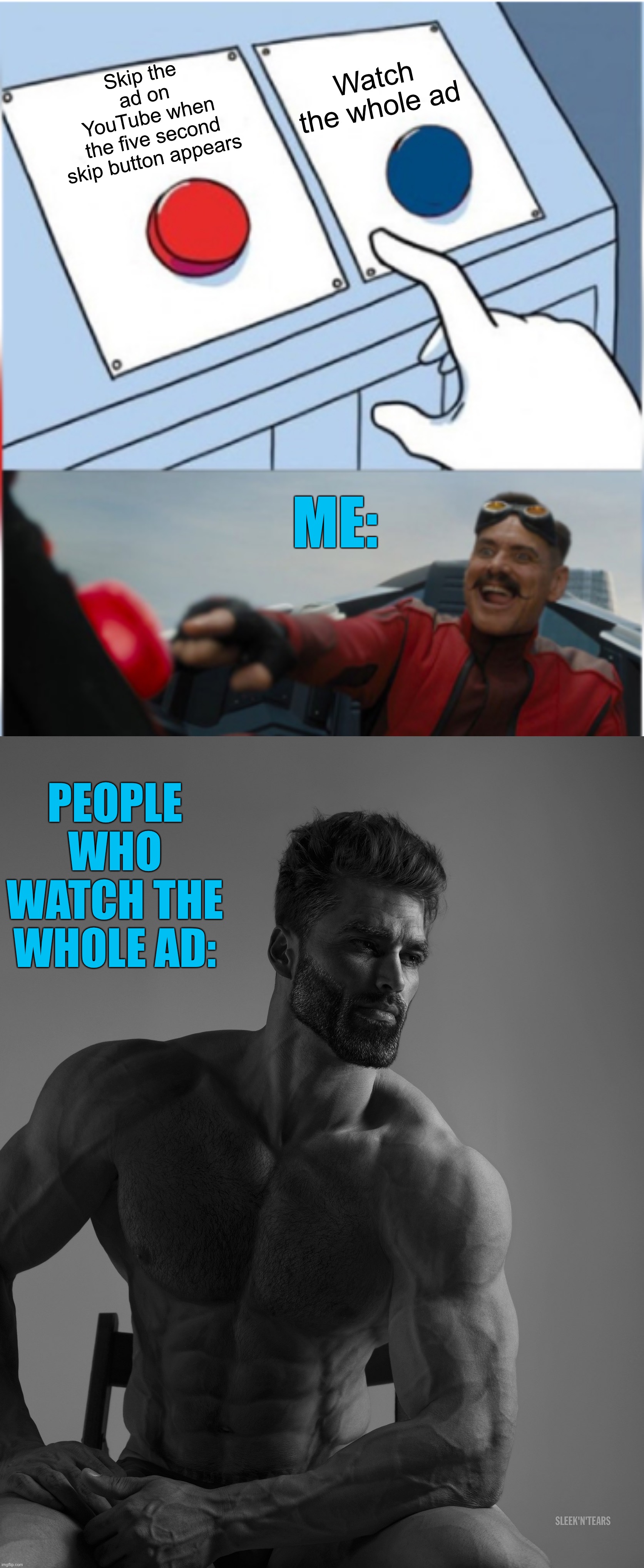Who actually watches the whole thing | Watch the whole ad; Skip the ad on YouTube when the five second skip button appears; ME:; PEOPLE WHO WATCH THE WHOLE AD: | image tagged in robotnik pressing red button,giga chad,memes,funny,youtube,relatable memes | made w/ Imgflip meme maker
