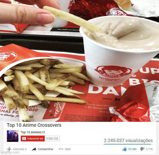 Fries and frosty | image tagged in top 10 anime crossovers,wendy's,frosty,fries,ice cream,memes | made w/ Imgflip meme maker