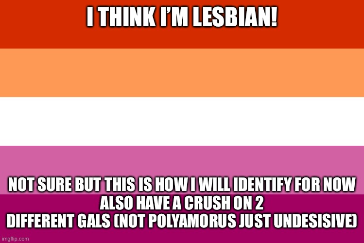 :) | I THINK I’M LESBIAN! NOT SURE BUT THIS IS HOW I WILL IDENTIFY FOR NOW
ALSO HAVE A CRUSH ON 2 DIFFERENT GALS (NOT POLYAMORUS JUST UNDESISIVE) | image tagged in lesbian flag | made w/ Imgflip meme maker