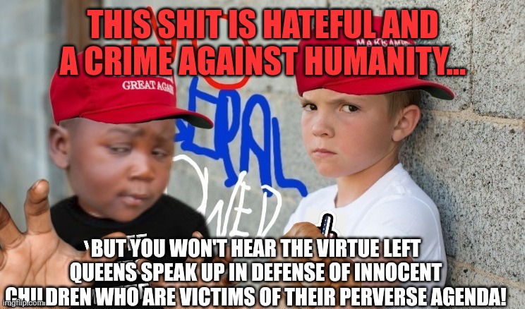 THIS SHIT IS HATEFUL AND A CRIME AGAINST HUMANITY... BUT YOU WON'T HEAR THE VIRTUE LEFT QUEENS SPEAK UP IN DEFENSE OF INNOCENT CHILDREN WHO  | made w/ Imgflip meme maker