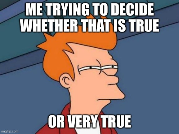 Futurama Fry Meme | ME TRYING TO DECIDE WHETHER THAT IS TRUE OR VERY TRUE | image tagged in memes,futurama fry | made w/ Imgflip meme maker