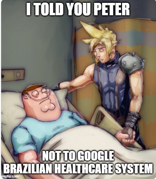 PETER I TOLD YOU | I TOLD YOU PETER; NOT TO GOOGLE BRAZILIAN HEALTHCARE SYSTEM | image tagged in peter i told you | made w/ Imgflip meme maker