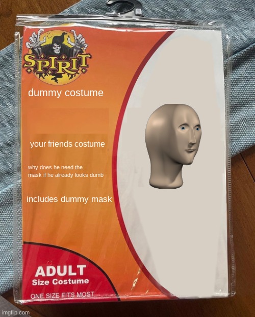 Spirit Halloween | dummy costume; your friends costume; why does he need the mask if he already looks dumb; includes dummy mask | image tagged in spirit halloween | made w/ Imgflip meme maker