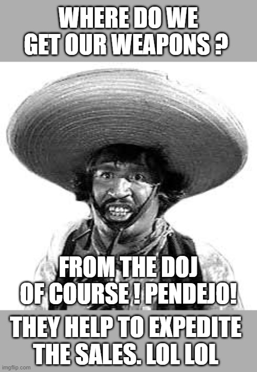 Badges we dont need no stinking badges | WHERE DO WE GET OUR WEAPONS ? FROM THE DOJ OF COURSE ! PENDEJO! THEY HELP TO EXPEDITE THE SALES. LOL LOL | image tagged in badges we dont need no stinking badges | made w/ Imgflip meme maker