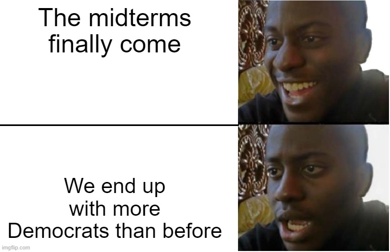 Reality is often disappointing | The midterms finally come; We end up with more Democrats than before | image tagged in disappointed black guy,democrats,election,memes,midterms | made w/ Imgflip meme maker