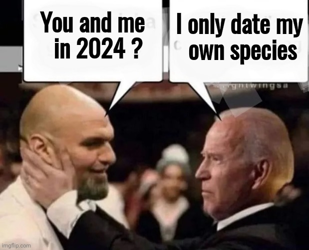 New Template , have fun | I only date my 
own species; You and me                     
in 2024 ? | image tagged in politicians suck,creepy joe biden,fetterman,candidates,loony bin,still a better love story than twilight | made w/ Imgflip meme maker
