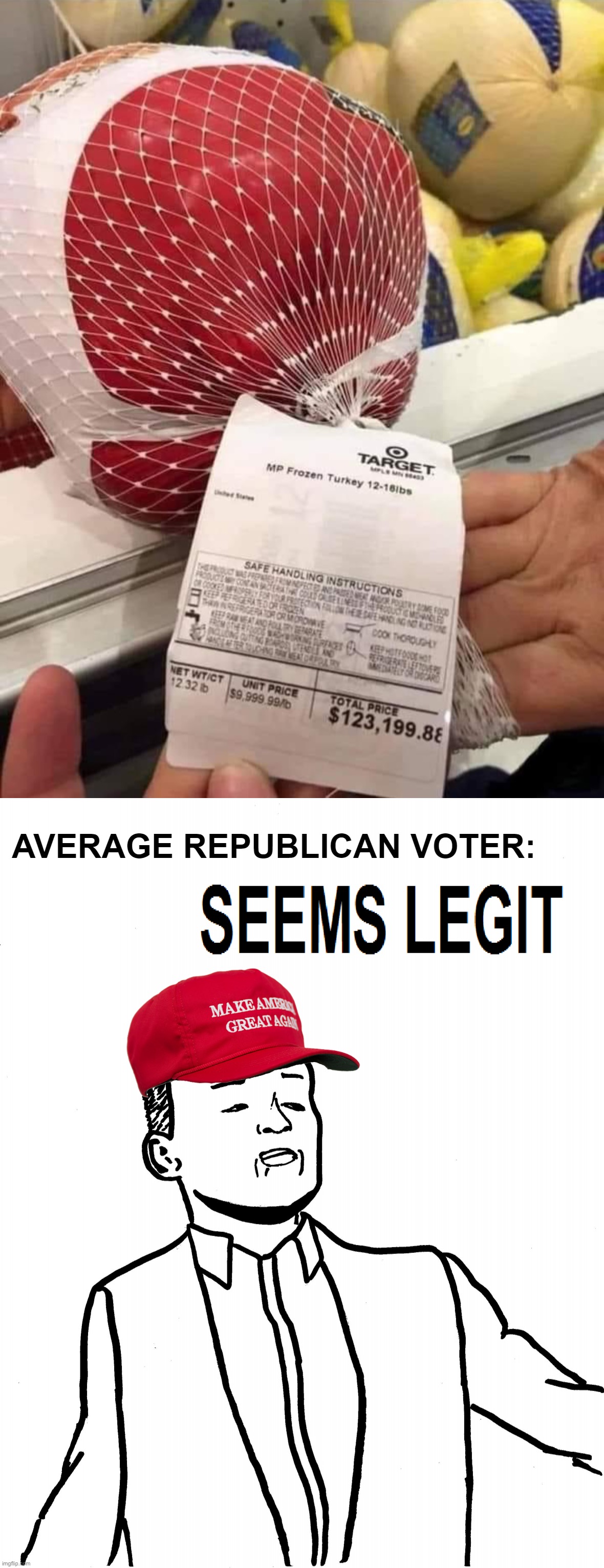 Bro I heard turkeys cost $123,199.88. My best friend’s uncle’s co-worker’s ex-wife’s mom posted about it on social media. | image tagged in expensive turkey,average republican voter maga seems legit,inflation,economy,economics,social media | made w/ Imgflip meme maker