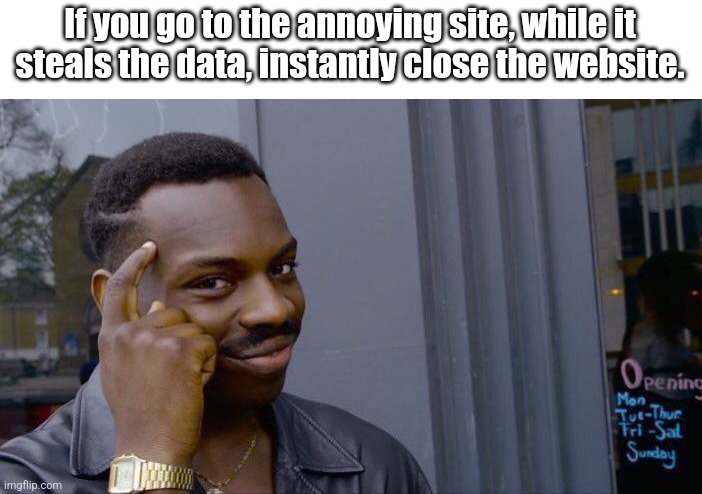 Roll Safe Think About It Meme | If you go to the annoying site, while it steals the data, instantly close the website. | image tagged in memes,roll safe think about it | made w/ Imgflip meme maker