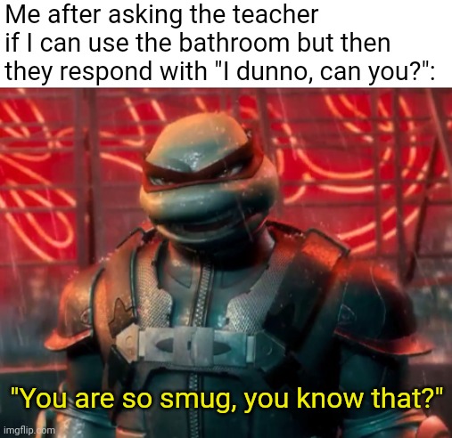When the teacher responds with "I don't know, can you?" |  Me after asking the teacher if I can use the bathroom but then they respond with "I dunno, can you?":; "You are so smug, you know that?" | image tagged in tmnt,bathroom,teacher,school memes,relatable memes,smug | made w/ Imgflip meme maker