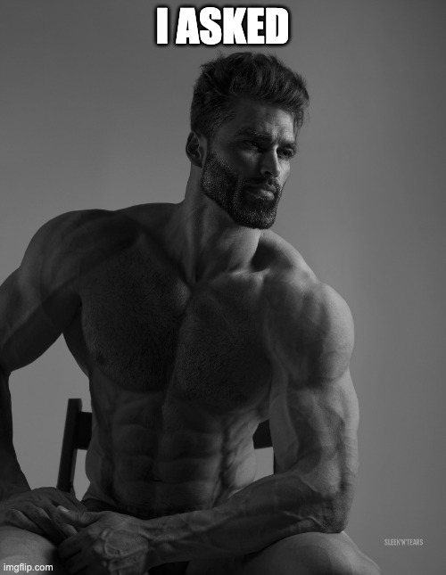 Giga Chad | I ASKED | image tagged in giga chad | made w/ Imgflip meme maker