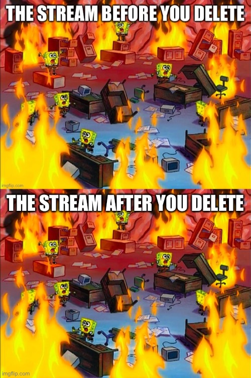 THE STREAM AFTER YOU DELETE | image tagged in spongebob's mind on fire | made w/ Imgflip meme maker