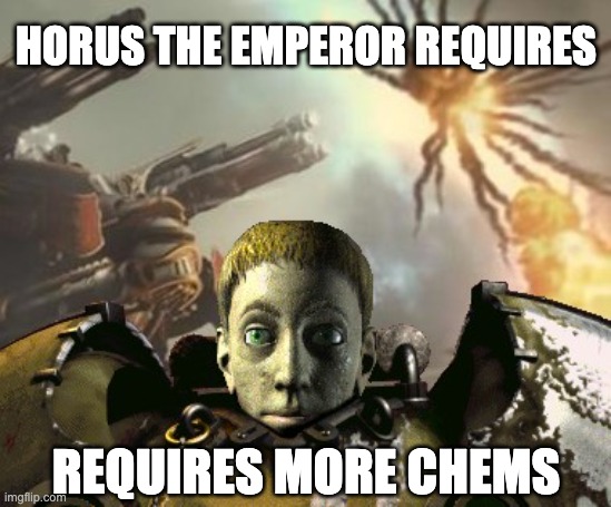Horus the emperor requires more chems | HORUS THE EMPEROR REQUIRES; REQUIRES MORE CHEMS | image tagged in space marine myron,warhammer40k,warhammer 40k,warhammer,fallout,space force | made w/ Imgflip meme maker