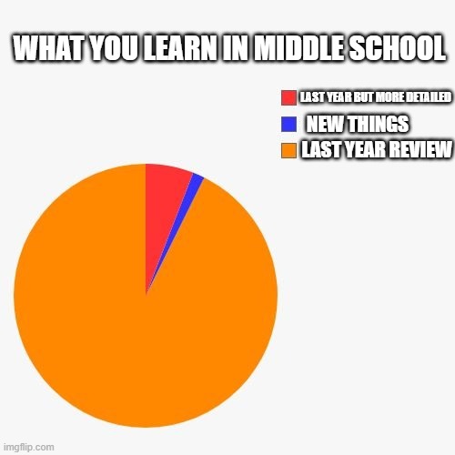 3 Section Pie Chart | WHAT YOU LEARN IN MIDDLE SCHOOL; LAST YEAR BUT MORE DETAILED; NEW THINGS; LAST YEAR REVIEW | image tagged in 3 section pie chart | made w/ Imgflip meme maker