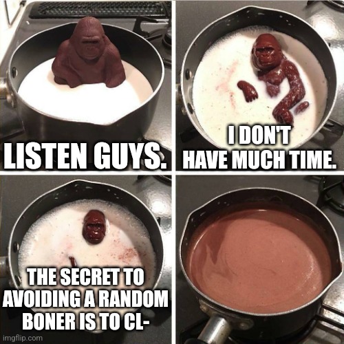 Aaaand we're all doomed from NNN. | LISTEN GUYS. I DON'T HAVE MUCH TIME. THE SECRET TO AVOIDING A RANDOM BONER IS TO CL- | image tagged in chocolate gorilla | made w/ Imgflip meme maker
