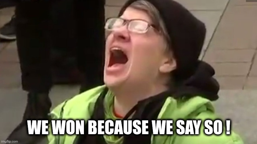 Screaming Liberal  | WE WON BECAUSE WE SAY SO ! | image tagged in screaming liberal | made w/ Imgflip meme maker