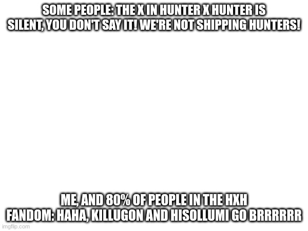 Yes. Oh, and let's not forget Leopika | SOME PEOPLE: THE X IN HUNTER X HUNTER IS SILENT, YOU DON'T SAY IT! WE'RE NOT SHIPPING HUNTERS! ME, AND 80% OF PEOPLE IN THE HXH FANDOM: HAHA, KILLUGON AND HISOLLUMI GO BRRRRRR | image tagged in hunter x hunter,anime,shipping | made w/ Imgflip meme maker