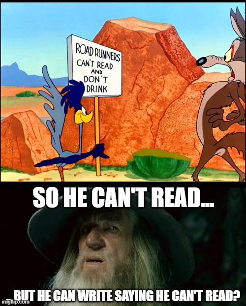 I don't think this animated short is being very realistic.... | SO HE CAN'T READ... ...BUT HE CAN WRITE SAYING HE CAN'T READ? | image tagged in confused gandalf,memes,road runner,cartoon,funny | made w/ Imgflip meme maker