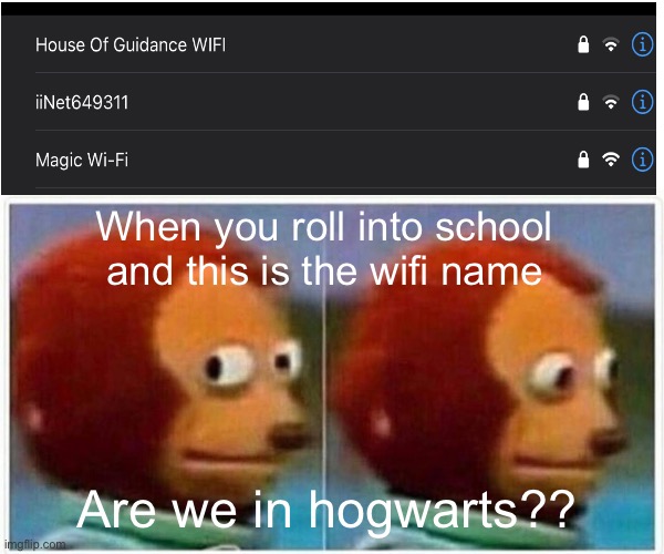 Monkey Puppet Meme | When you roll into school and this is the wifi name; Are we in hogwarts?? | image tagged in memes,monkey puppet | made w/ Imgflip meme maker
