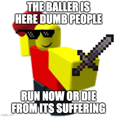 Roblox baller | THE BALLER IS HERE DUMB PEOPLE; RUN NOW OR DIE FROM ITS SUFFERING | image tagged in roblox baller | made w/ Imgflip meme maker