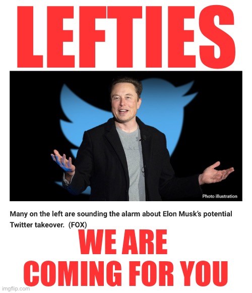 Lefties, have you lost your No. 1 terror tool? | LEFTIES; WE ARE 
COMING FOR YOU | image tagged in twitter,elon musk buying twitter,twitter birds says,democrats,crying democrats,communists | made w/ Imgflip meme maker