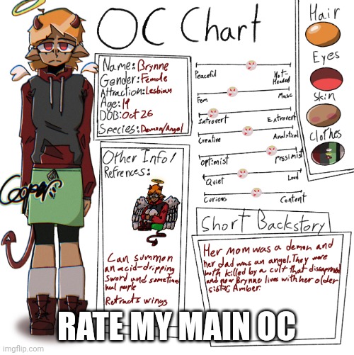She was actually the first OC I ever made, and she's had a lot of re-designs | RATE MY MAIN OC | image tagged in brynne 2023 november | made w/ Imgflip meme maker
