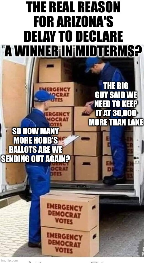States far larger than Arizona counted their ballots days ago. Wonder why AZ can't count? Printing presses too slow? |  THE REAL REASON FOR ARIZONA'S DELAY TO DECLARE A WINNER IN MIDTERMS? THE BIG GUY SAID WE NEED TO KEEP IT AT 30,000 MORE THAN LAKE; SO HOW MANY MORE HOBB'S BALLOTS ARE WE SENDING OUT AGAIN? | image tagged in emergency democrat votes,arizona,cheating,mainstream media,vote | made w/ Imgflip meme maker