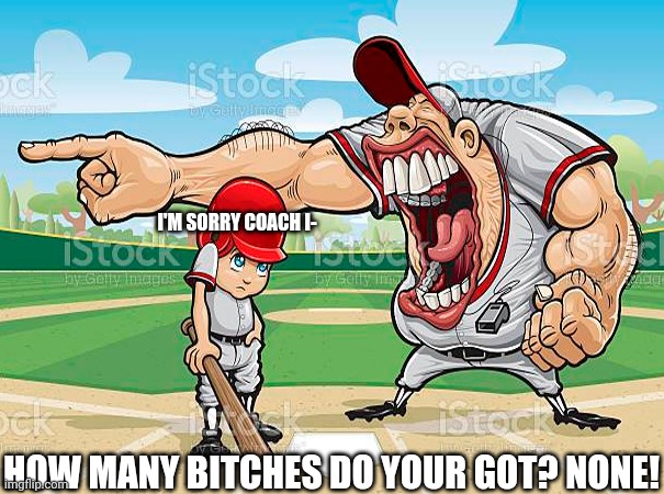 im sorry coach | I'M SORRY COACH I-; HOW MANY BITCHES DO YOUR GOT? NONE! | image tagged in im sorry coach,no bitches,memes | made w/ Imgflip meme maker