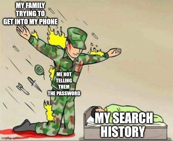 Leave me alone | MY FAMILY TRYING TO GET INTO MY PHONE; ME NOT TELLING THEM THE PASSWORD; MY SEARCH HISTORY | image tagged in soldier protecting sleeping child | made w/ Imgflip meme maker