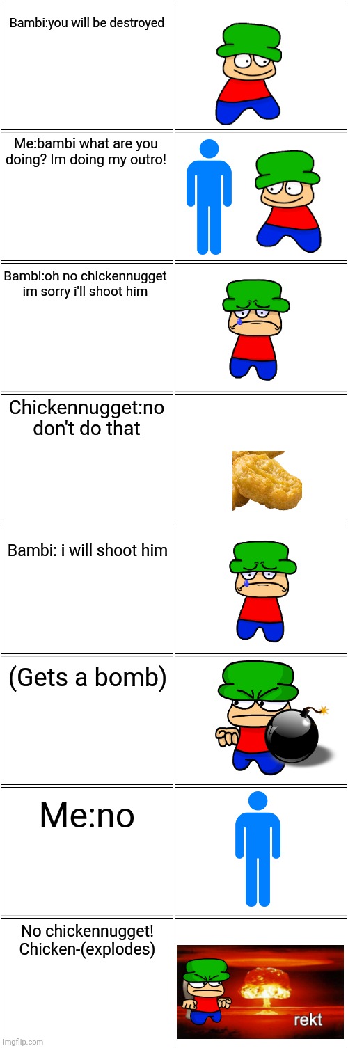 Bambi ruins my outro | Bambi:you will be destroyed; Me:bambi what are you doing? Im doing my outro! Bambi:oh no chickennugget im sorry i'll shoot him; Chickennugget:no don't do that; Bambi: i will shoot him; (Gets a bomb); Me:no; No chickennugget! Chicken-(explodes) | image tagged in blank comic panel 2x8,outro,bambi | made w/ Imgflip meme maker