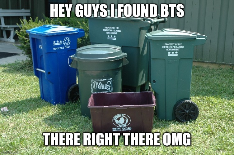 Omg I found bts | HEY GUYS I FOUND BTS; THERE RIGHT THERE OMG | image tagged in trash cans,bts,i hate myself,funny | made w/ Imgflip meme maker